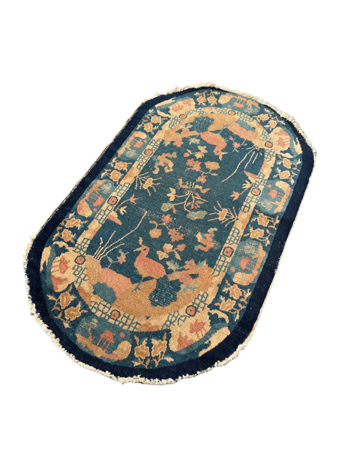 3'x4' Small Oval Blue and Tan Chinese Art Deco Rug