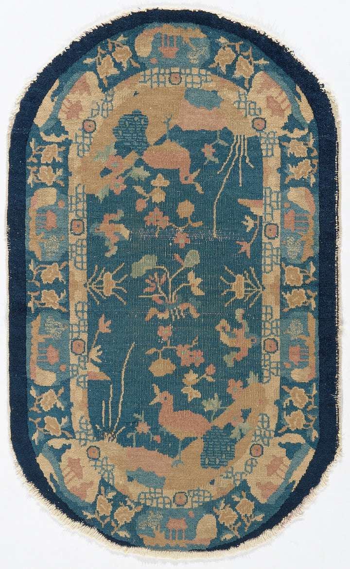 3'x4' Small Oval Blue and Tan Chinese Art Deco Rug