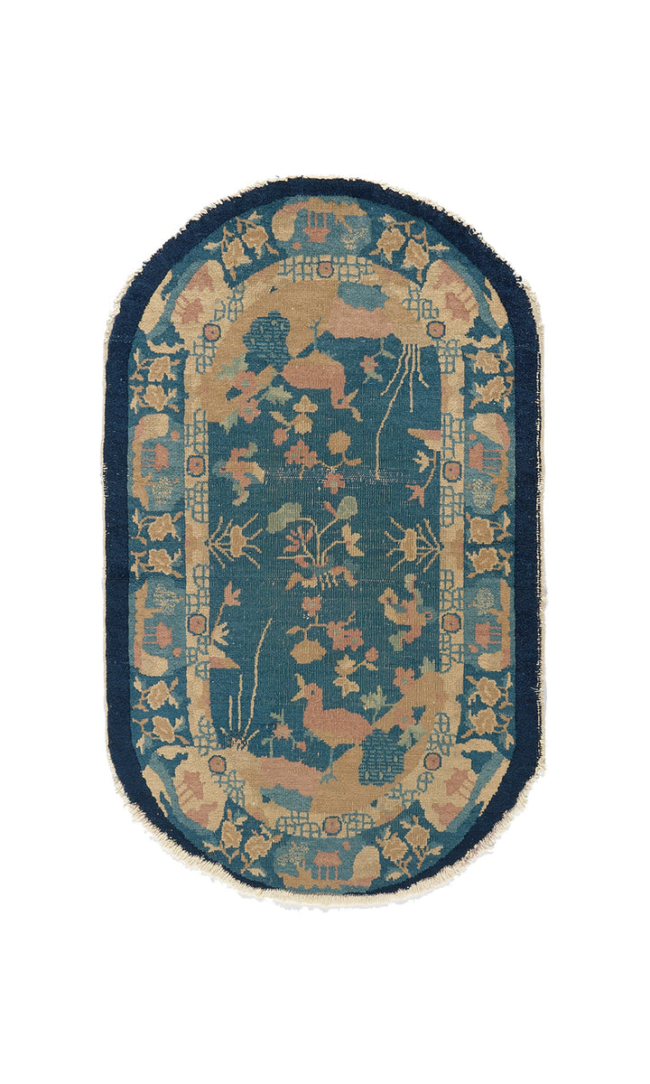 3'x4' Small Oval Blue and Tan Chinese Art Deco Rug