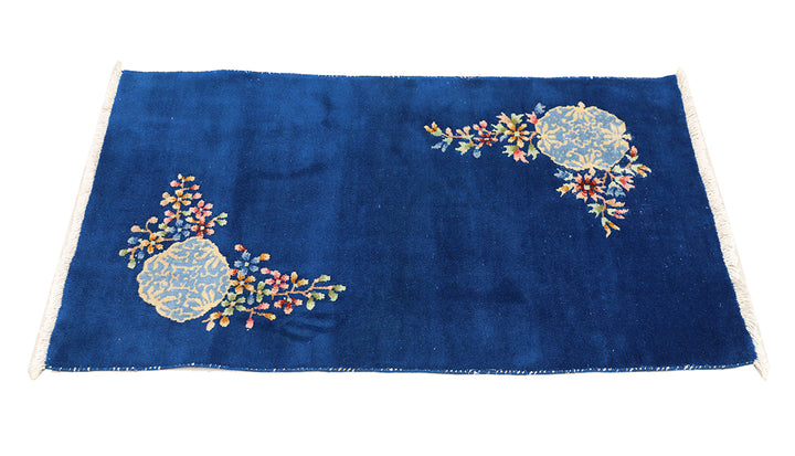 3'x4' Vintage Royal Blue Art Deco Rug | Hand-Knotted | Floral Luxury