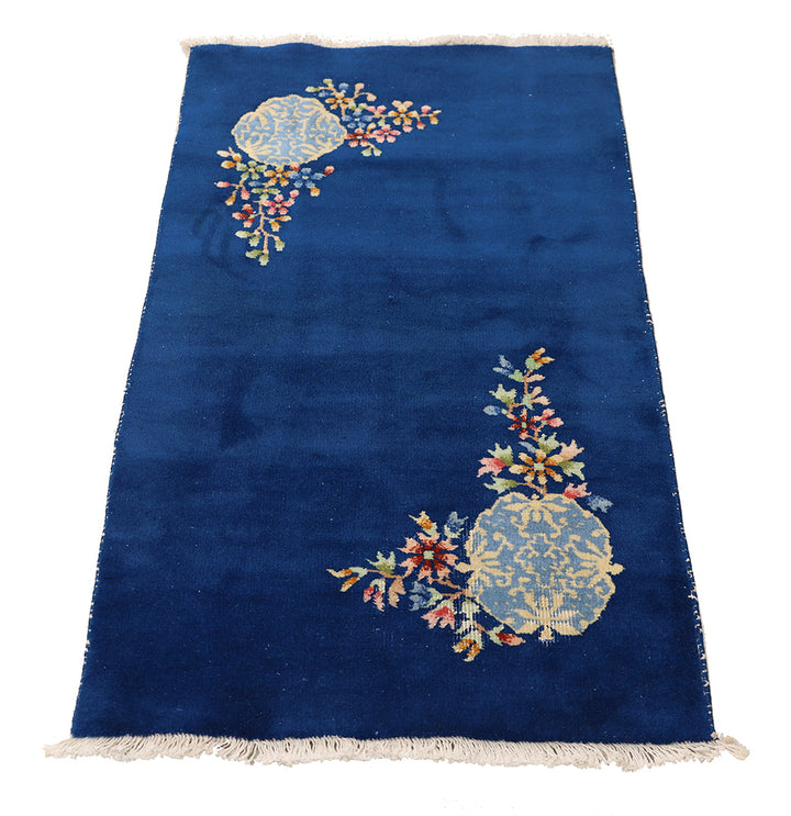 3'x4' Vintage Royal Blue Art Deco Rug | Hand-Knotted | Floral Luxury