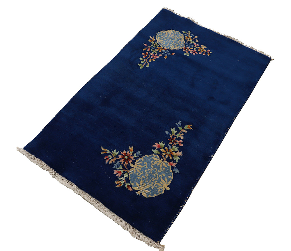 3'x4' Vintage Royal Blue Art Deco Rug | Hand-Knotted | Floral Luxury
