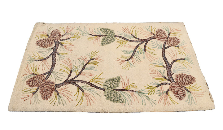 3'x5' Antique American Hooked Rug | Floral & Pinecone Small Rug