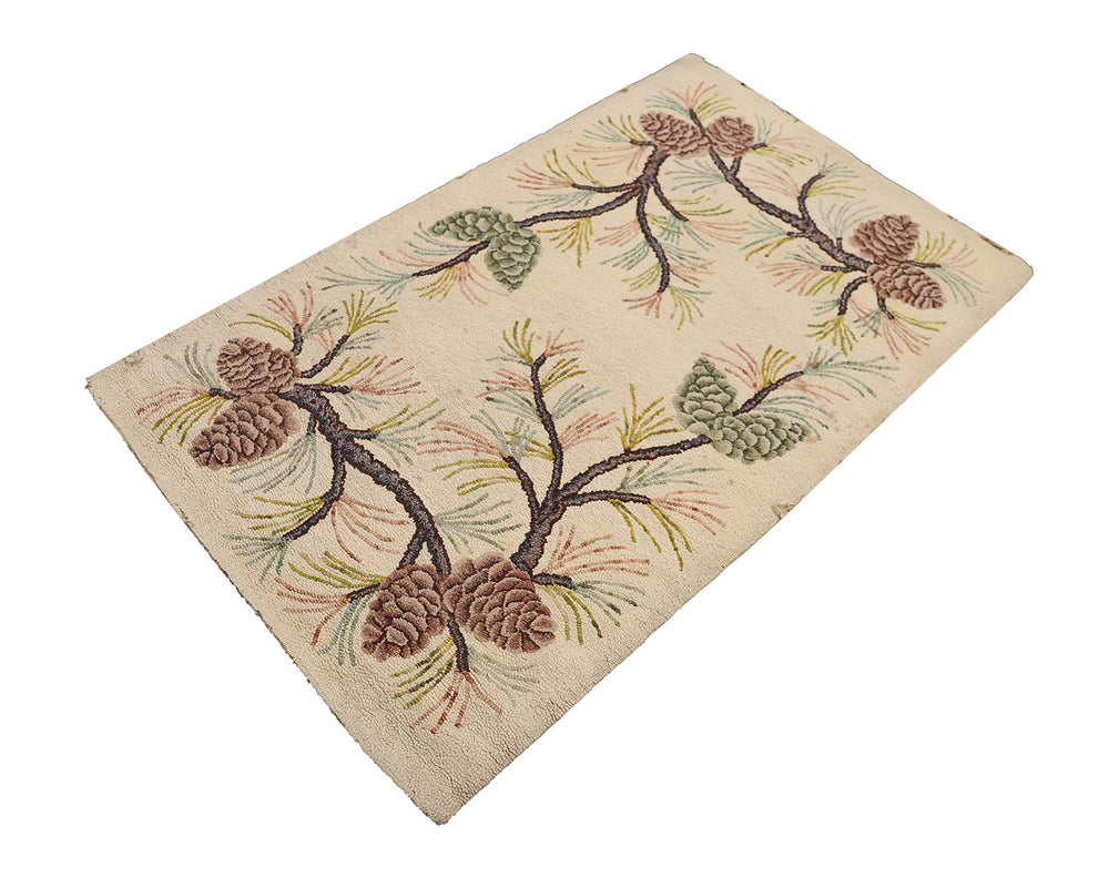 3'x5' Antique American Hooked Rug | Floral & Pinecone Small Rug