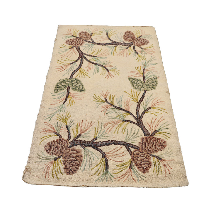 3'x5' Antique American Hooked Rug | Floral & Pinecone Small Rug