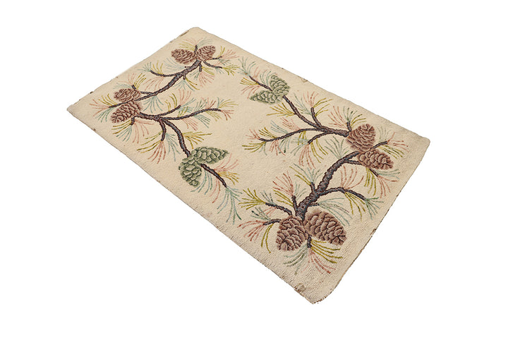 3'x5' Antique American Hooked Rug | Floral & Pinecone Small Rug