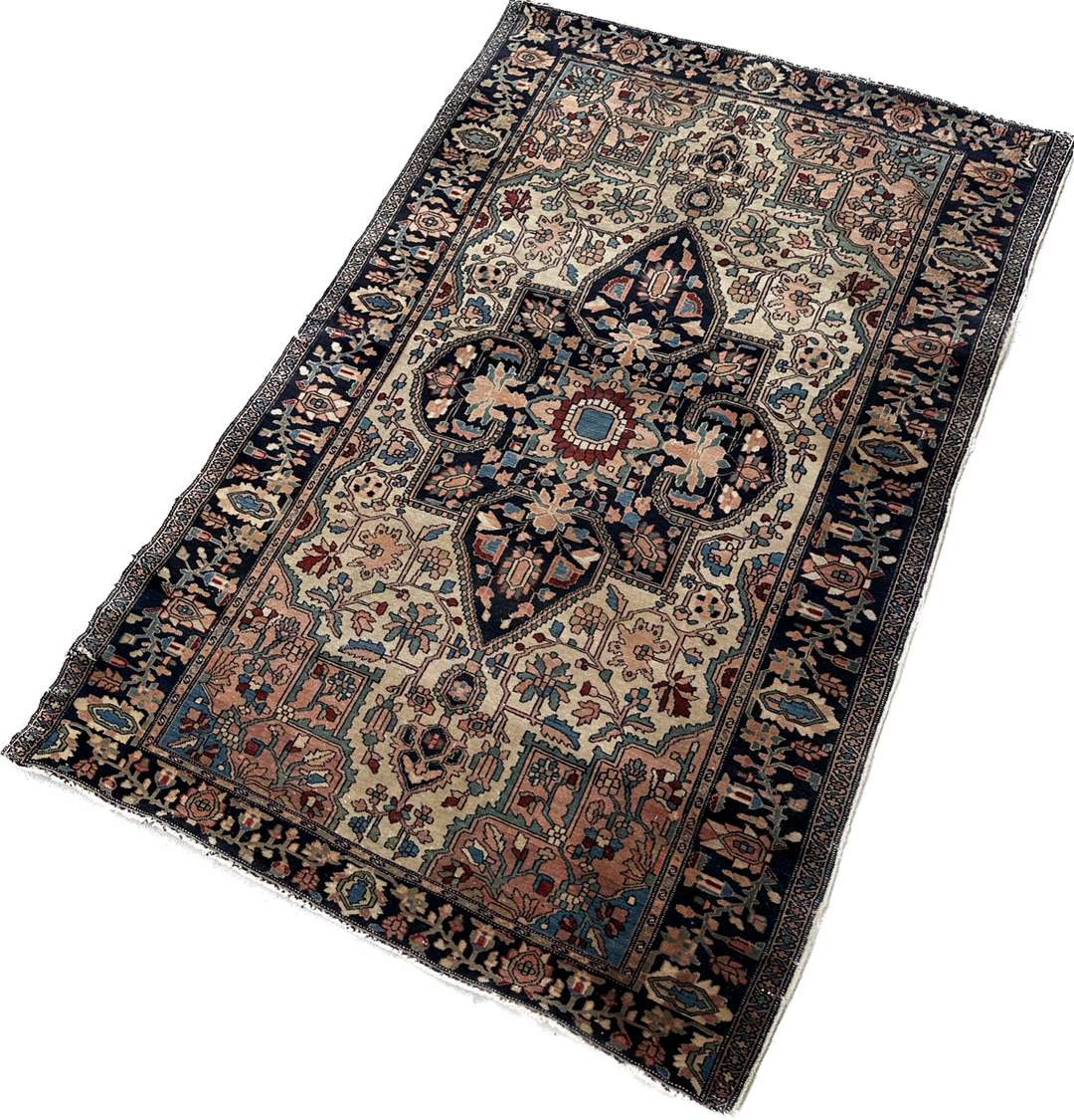 Unique 3x5 antique Persian Farahan rug with ivory background and central medallion from a trusted dealer with over 45 years of experience.