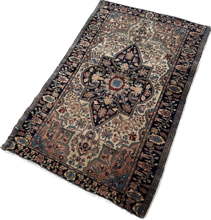 Unique 3x5 antique Persian Farahan rug with ivory background and central medallion from a trusted dealer with over 45 years of experience.
