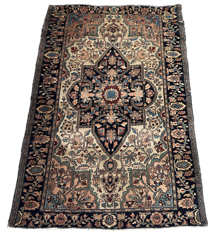 Unique 3x5 antique Persian Farahan rug with ivory background and central medallion from a trusted dealer with over 45 years of experience.