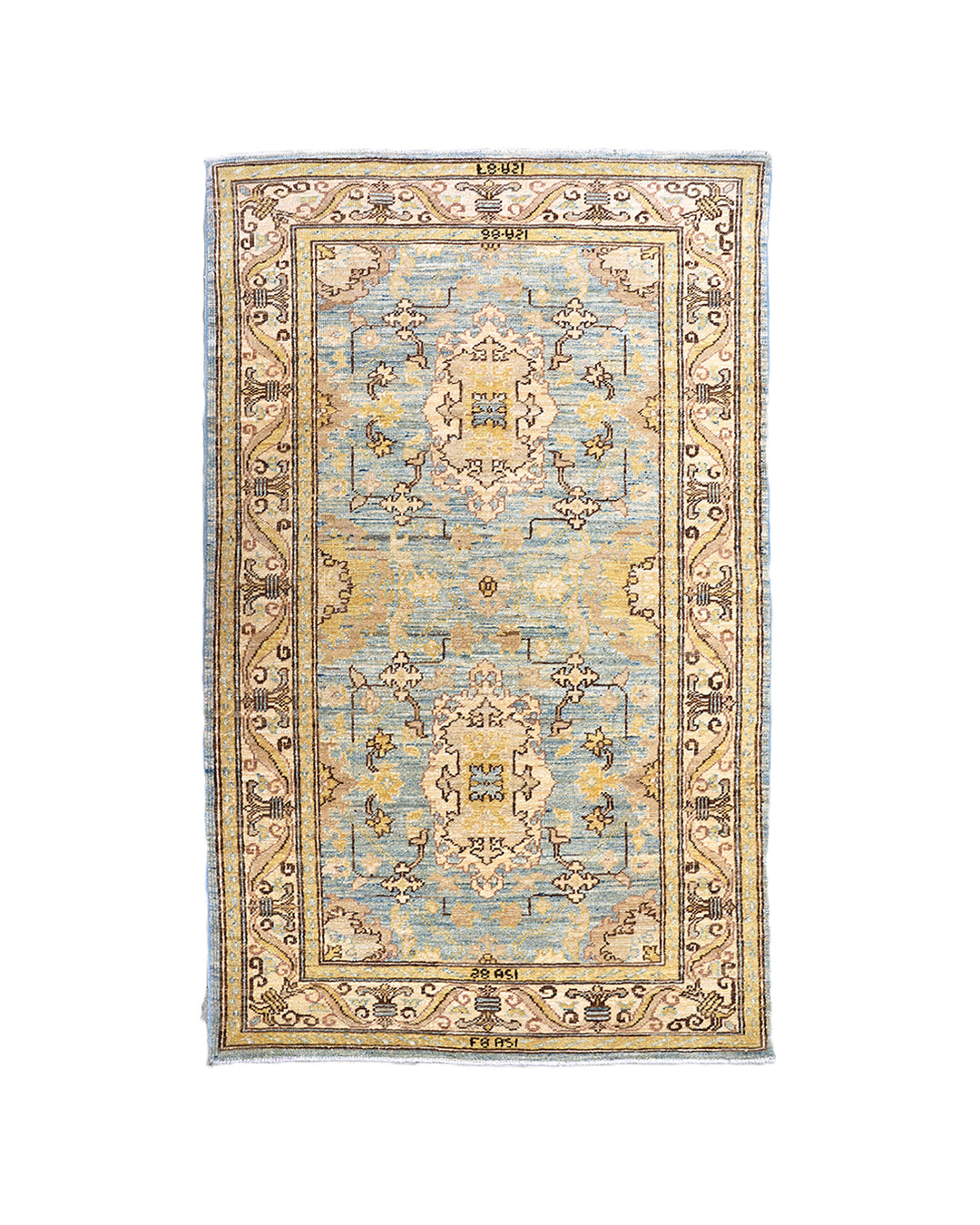 3'x5' Ariana traditional Agra 505 design small area rug in blue, gold, and ivory organic wool