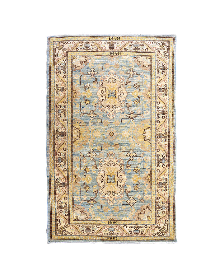 3'x5' Ariana traditional Agra 505 design small area rug in blue, gold, and ivory organic wool