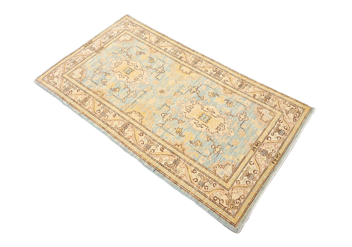 3'x5' Ariana traditional Agra 505 design small area rug in blue, gold, and ivory organic wool