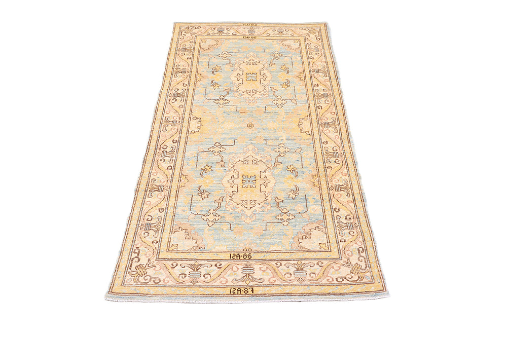3'x5' Ariana traditional Agra 505 design small area rug in blue, gold, and ivory organic wool