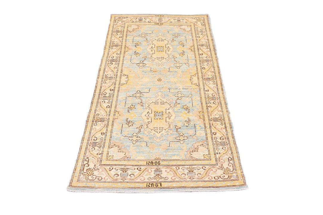 3'x5' Ariana traditional Agra 505 design small area rug in blue, gold, and ivory organic wool