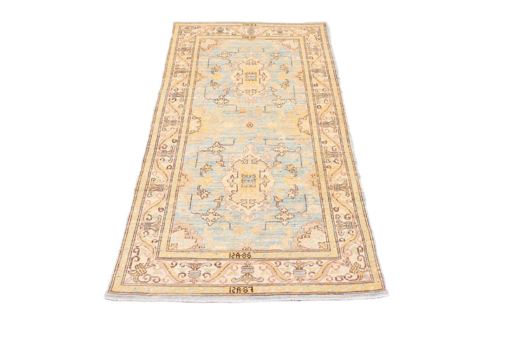 3'x5' Ariana traditional Agra 505 design small area rug in blue, gold, and ivory organic wool