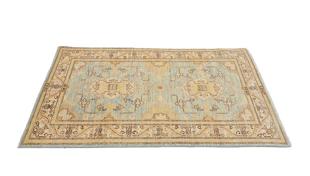 3'x5' Ariana traditional Agra 505 design small area rug in blue, gold, and ivory organic wool