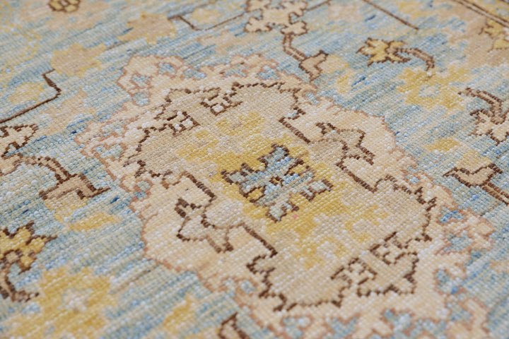 3'x5' Ariana traditional Agra 505 design small area rug in blue, gold, and ivory organic wool
