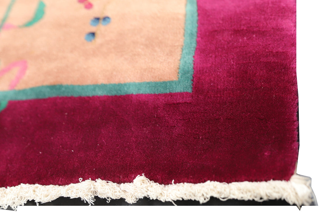 Art Deco Rug | Chinese | Floral | Vintage | Magenta, Tan Rug