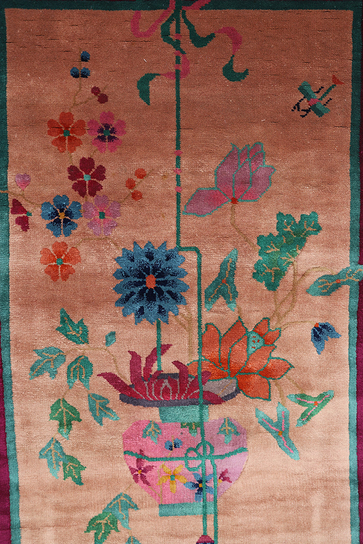 Art Deco Rug | Chinese | Floral | Vintage | Magenta, Tan Rug