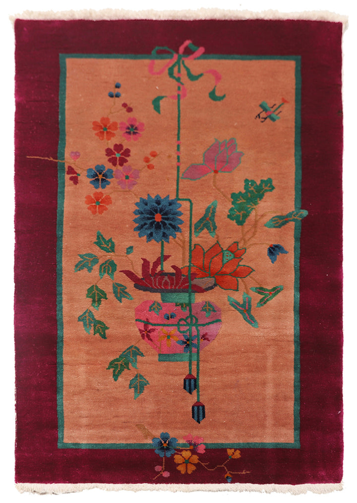 Art Deco Rug | Chinese | Floral | Vintage | Magenta, Tan Rug