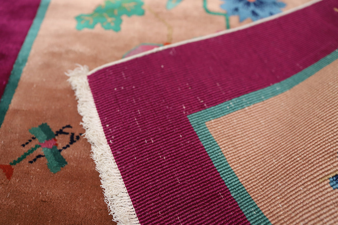 Art Deco Rug | Chinese | Floral | Vintage | Magenta, Tan Rug