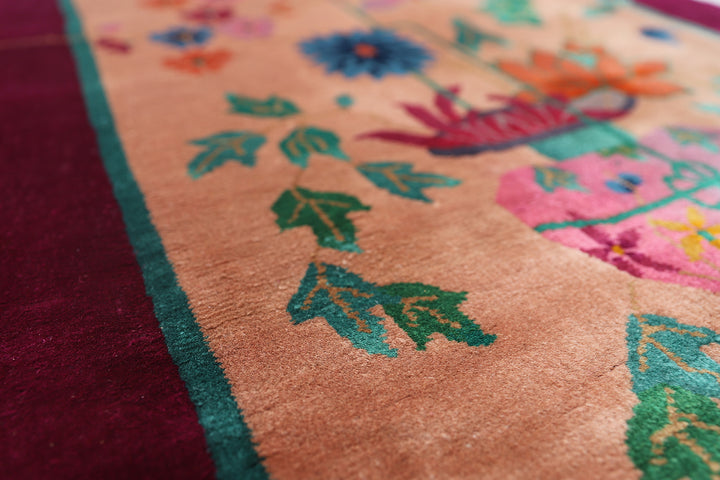 Art Deco Rug | Chinese | Floral | Vintage | Magenta, Tan Rug