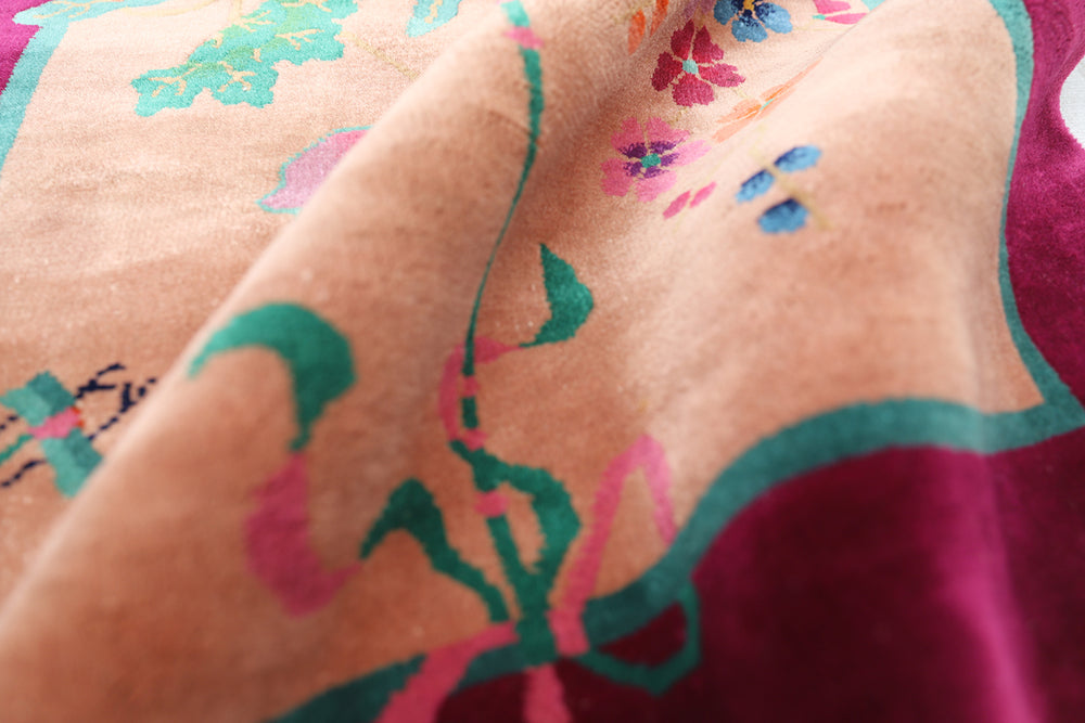 Art Deco Rug | Chinese | Floral | Vintage | Magenta, Tan Rug