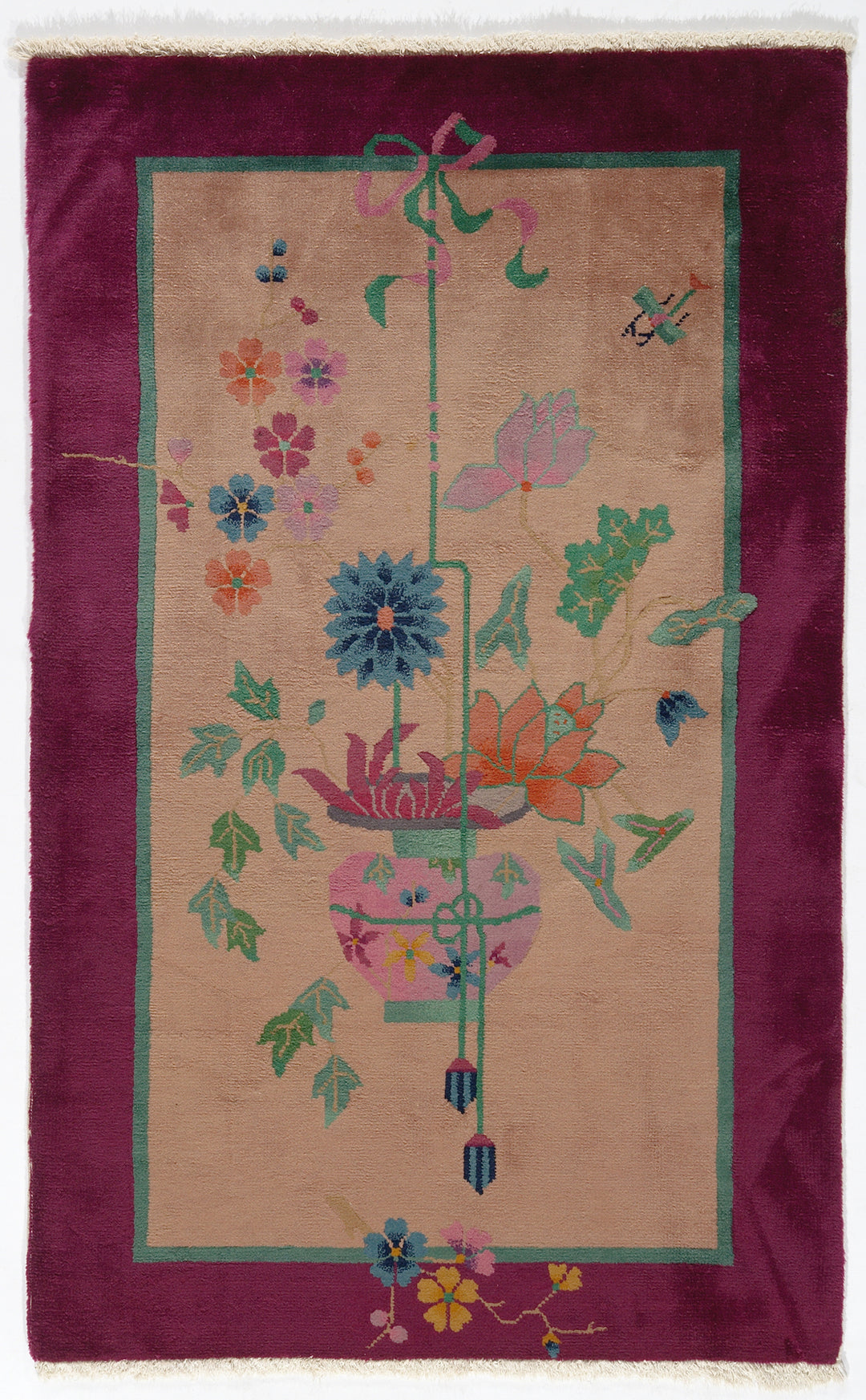 3'x5' Art Deco Rug | Floral | Vintage | Magenta, Tan
