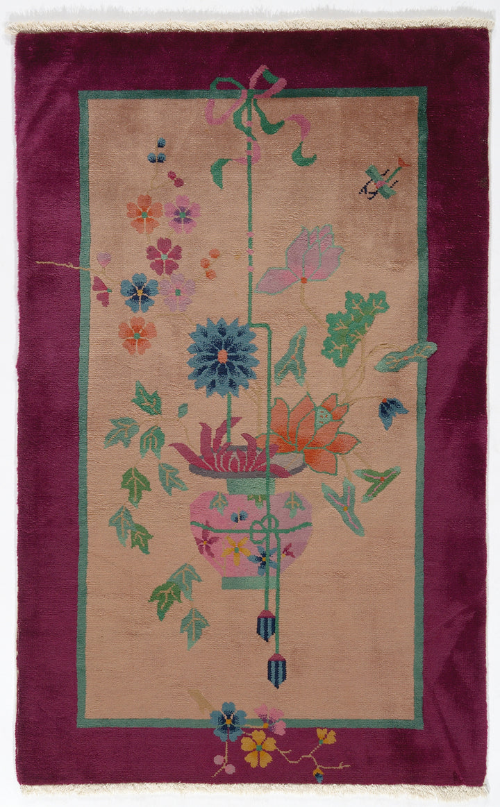 3'x5' Art Deco Rug | Floral | Vintage | Magenta, Tan