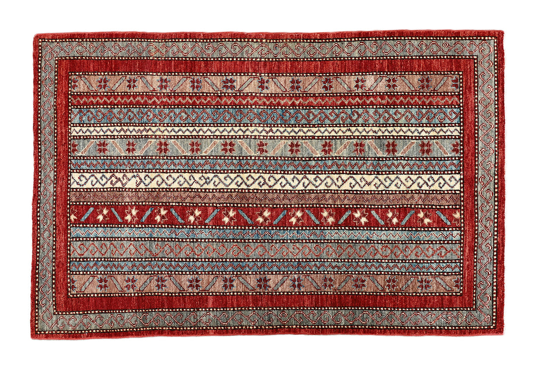 3x5 Small Hand Knotted Geometric Persian Afshari Design Jewel Tone Red Ivory Blue Green Rug 2ft 11in x 4ft 10in