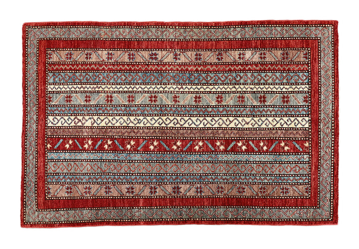3x5 Small Hand Knotted Geometric Persian Afshari Design Jewel Tone Red Ivory Blue Green Rug 2ft 11in x 4ft 10in