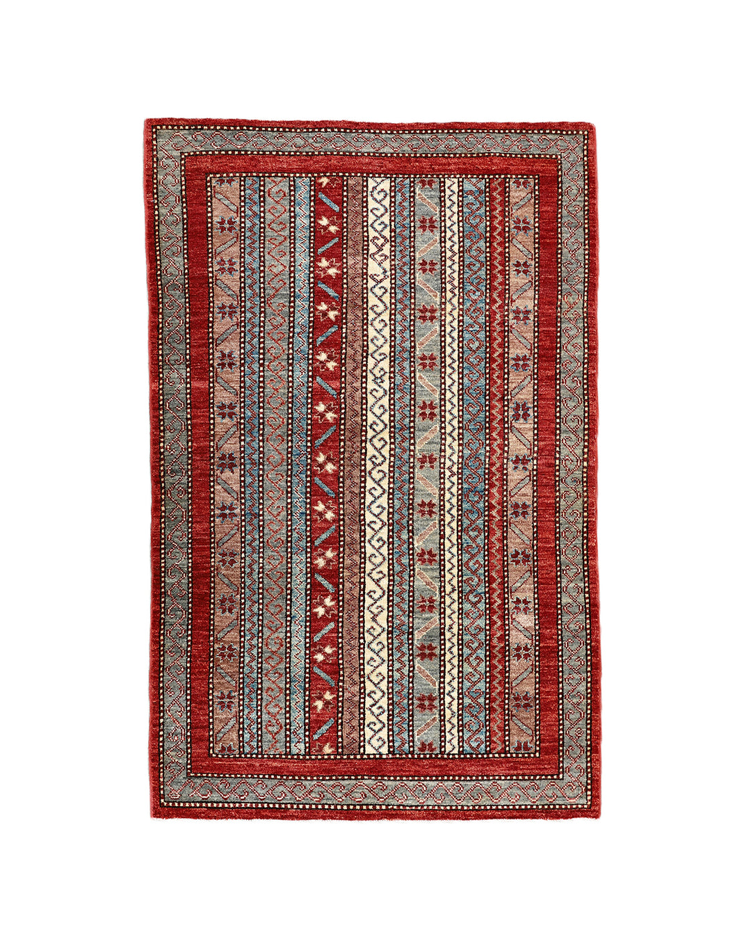 3x5 Small Hand Knotted Geometric Persian Afshari Design Jewel Tone Red Ivory Blue Green Rug 2ft 11in x 4ft 10in