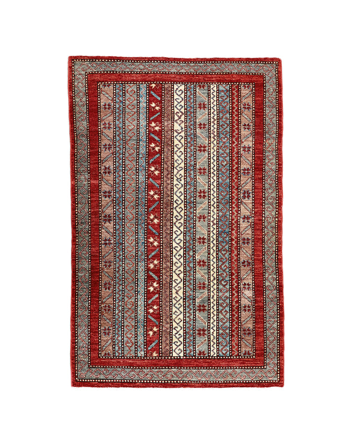3x5 Small Hand Knotted Geometric Persian Afshari Design Jewel Tone Red Ivory Blue Green Rug 2ft 11in x 4ft 10in