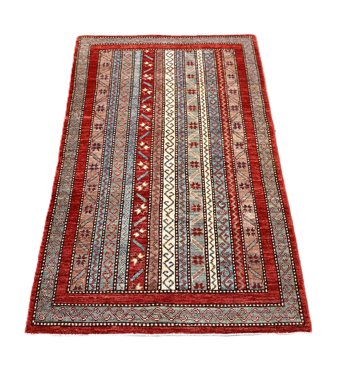 3x5 Small Hand Knotted Geometric Persian Afshari Design Jewel Tone Red Ivory Blue Green Rug 2ft 11in x 4ft 10in