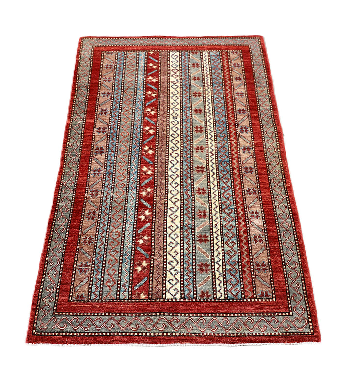 3x5 Small Hand Knotted Geometric Persian Afshari Design Jewel Tone Red Ivory Blue Green Rug 2ft 11in x 4ft 10in