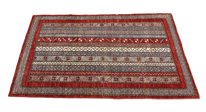 3x5 Small Hand Knotted Geometric Persian Afshari Design Jewel Tone Red Ivory Blue Green Rug 2ft 11in x 4ft 10in