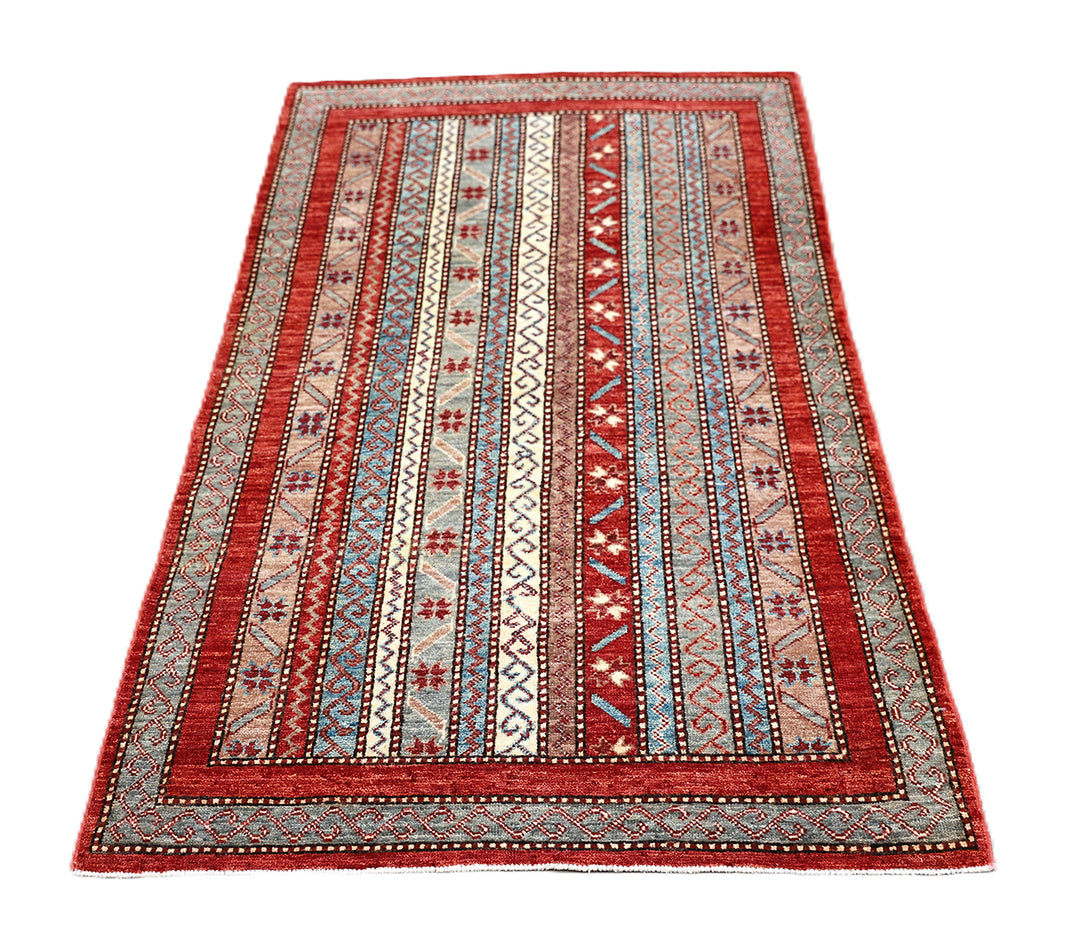 3x5 Small Hand Knotted Geometric Persian Afshari Design Jewel Tone Red Ivory Blue Green Rug 2ft 11in x 4ft 10in