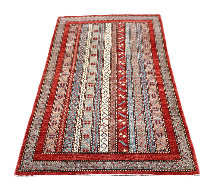 3x5 Small Hand Knotted Geometric Persian Afshari Design Jewel Tone Red Ivory Blue Green Rug 2ft 11in x 4ft 10in