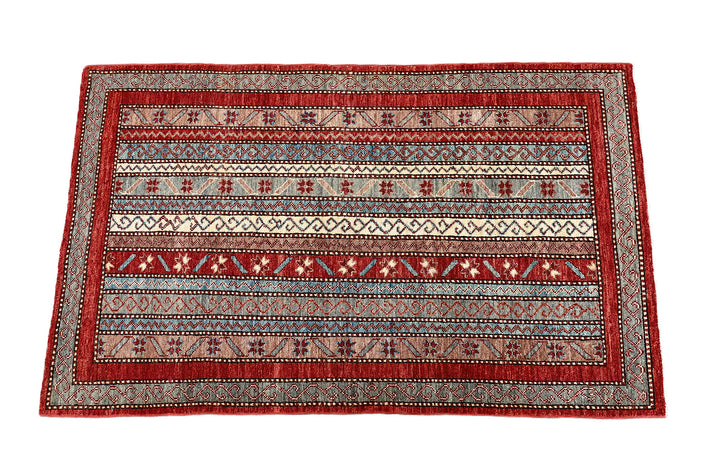 3x5 Small Hand Knotted Geometric Persian Afshari Design Jewel Tone Red Ivory Blue Green Rug 2ft 11in x 4ft 10in