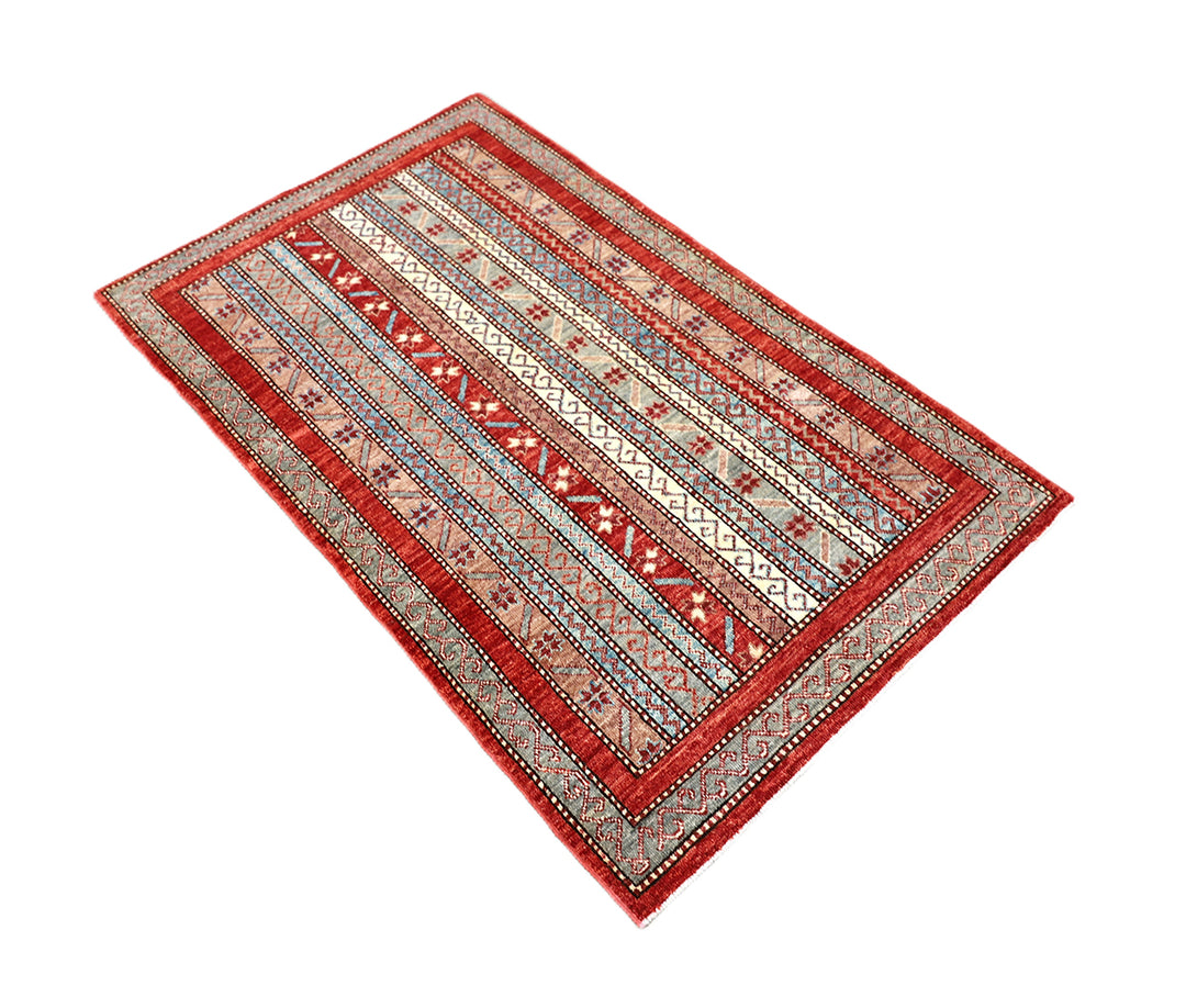 3x5 Small Hand Knotted Geometric Persian Afshari Design Jewel Tone Red Ivory Blue Green Rug 2ft 11in x 4ft 10in
