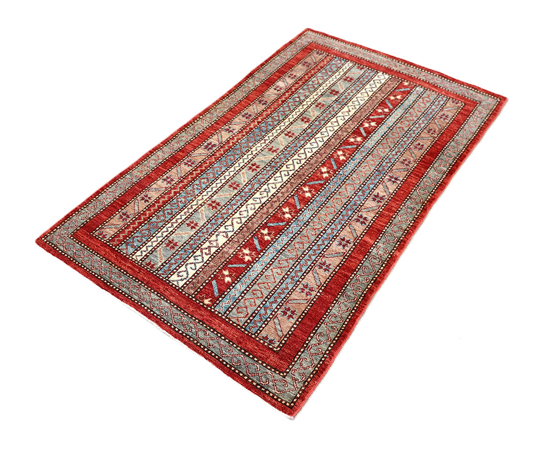 3x5 Small Hand Knotted Geometric Persian Afshari Design Jewel Tone Red Ivory Blue Green Rug 2ft 11in x 4ft 10in