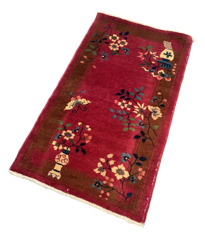 3'x5' Small Magenta Pink and Brown Floral Chinese Art Deco Rug