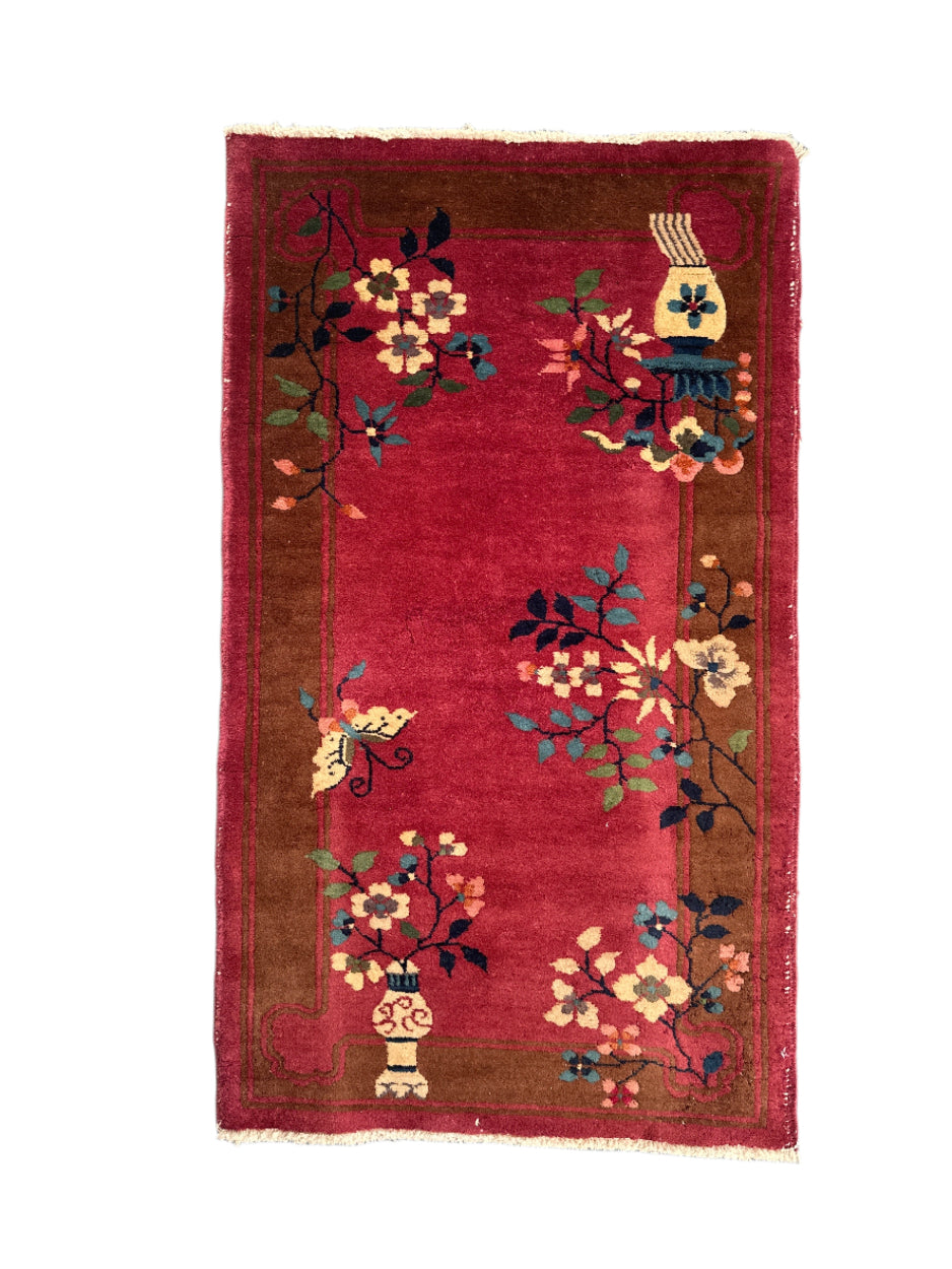 3'x5' Small Magenta Pink and Brown Floral Chinese Art Deco Rug