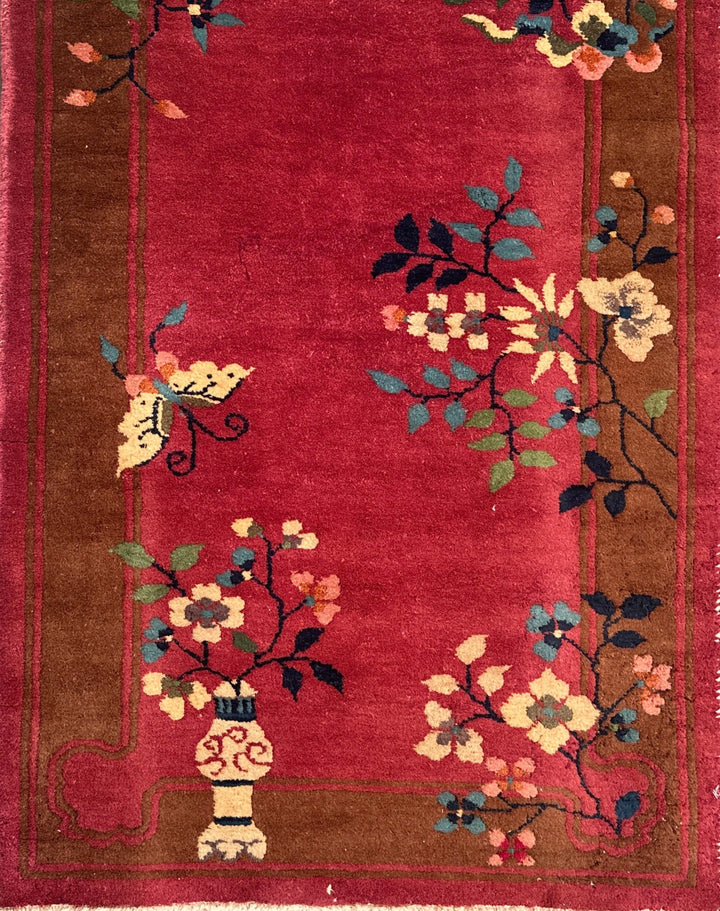 3'x5' Small Magenta Pink and Brown Floral Chinese Art Deco Rug