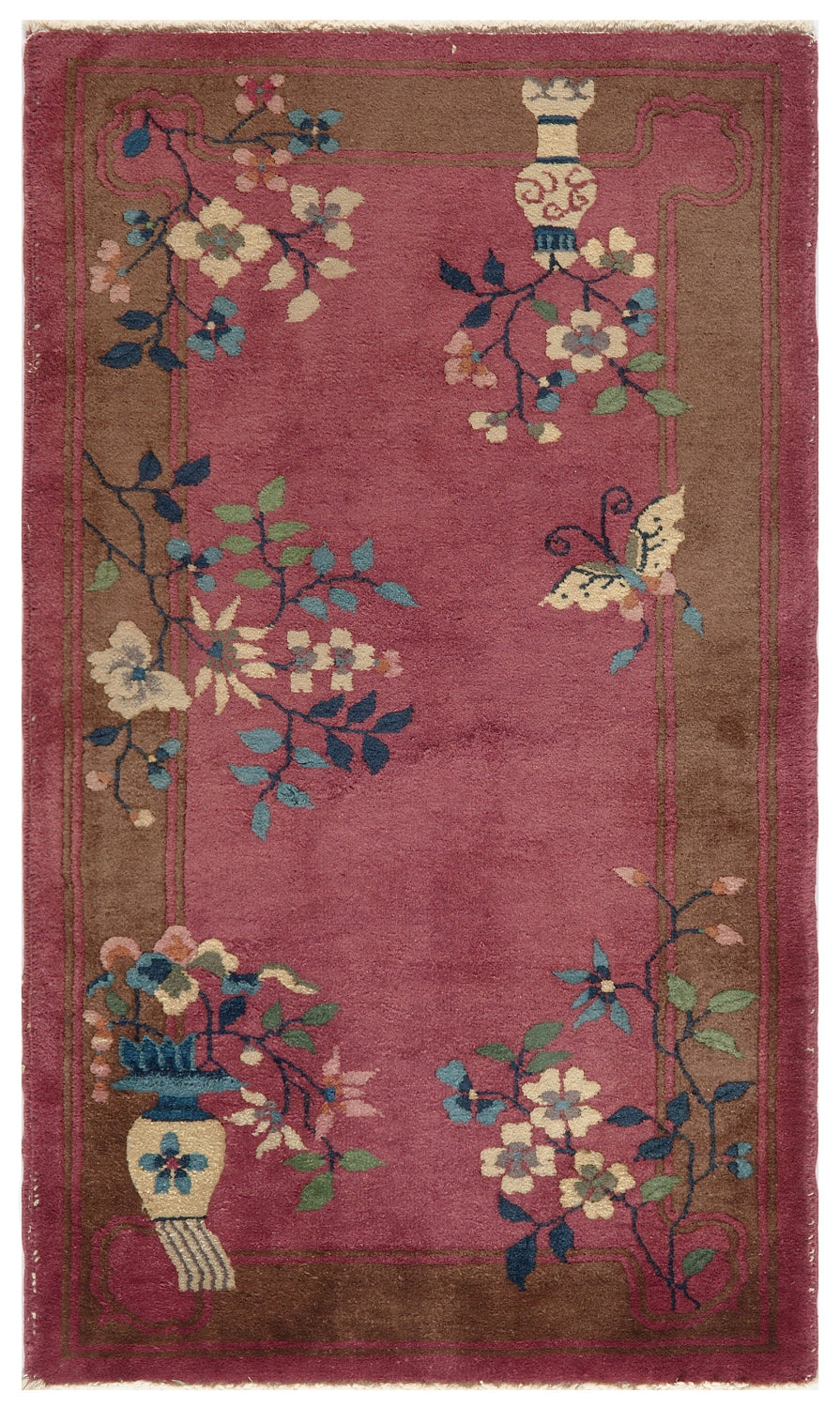 3'x5' Small Magenta Pink and Brown Floral Chinese Art Deco Rug