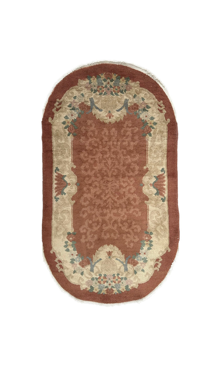 3'x5' Small Oval Brown & Beige Floral Vintage Art Deco Rug