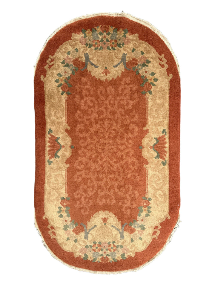 3'x5' Small Oval Brown & Beige Floral Vintage Art Deco Rug
