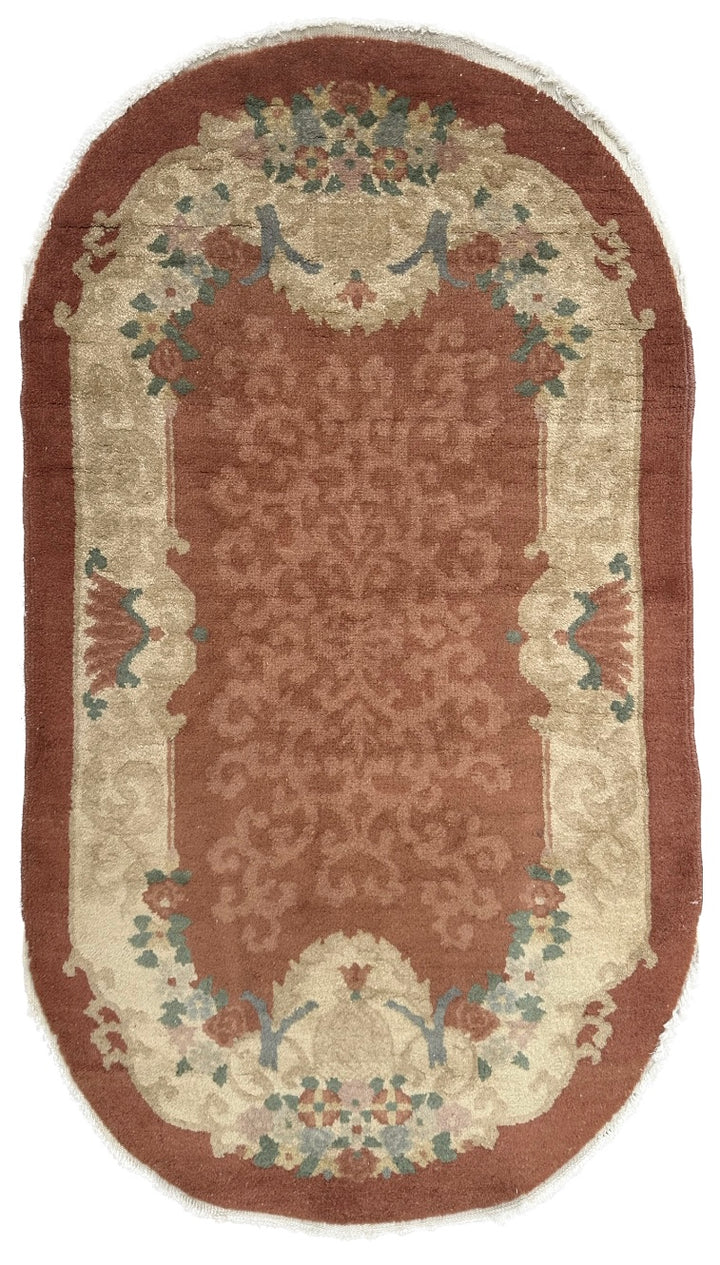 3'x5' Small Oval Brown & Beige Floral Vintage Art Deco Rug