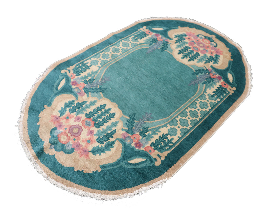3'x5' Oval Green and Tan Vintage Chinese Art Deco Rug