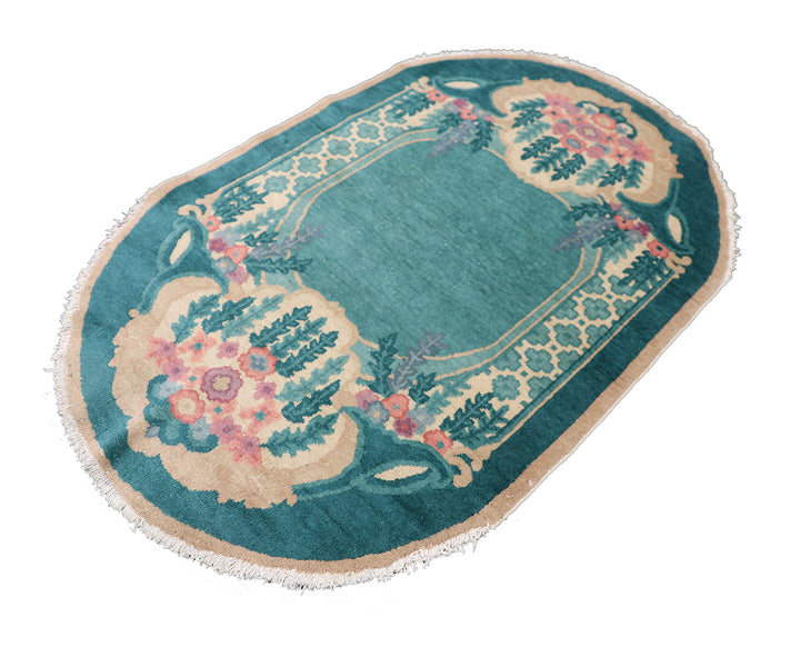 3'x5' Oval Green and Tan Vintage Chinese Art Deco Rug